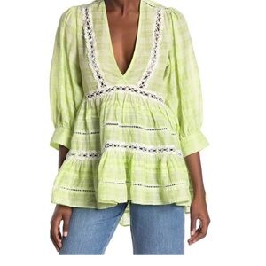 FREE PEOPLE Time Out Boho Beach V-Neck Lime Lace Cotton Plaid Tiered Tunic SZ S